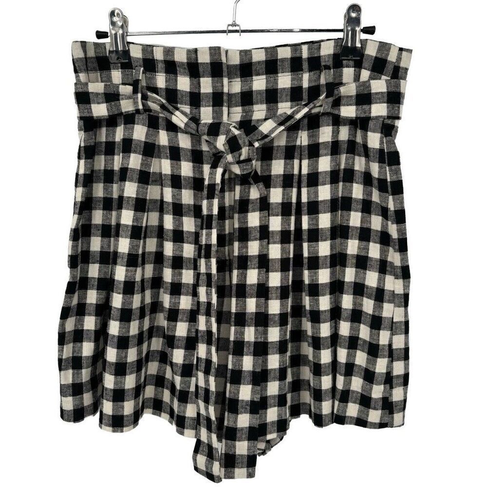 Zara Black & White Check Linen Blend‎ Paper Bag Tie Waist Shorts Medium NWT - Picture 7 of 10